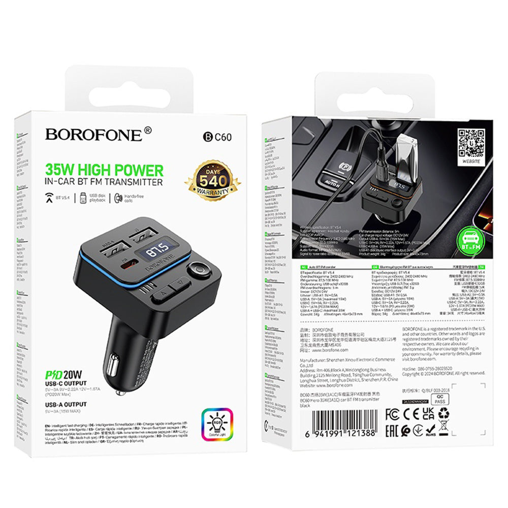 FM Bluetooth -modulaattori Borofone BC60 Hero, 2 x USB-A - 1 x USB-C