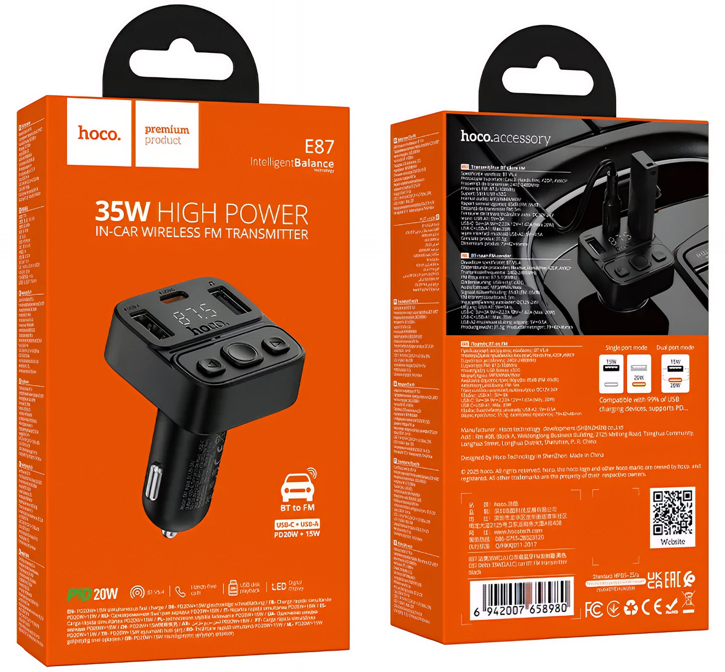 FM Bluetooth -modulaattori HOCO E87, 2 x USB-A - 1 x USB-C