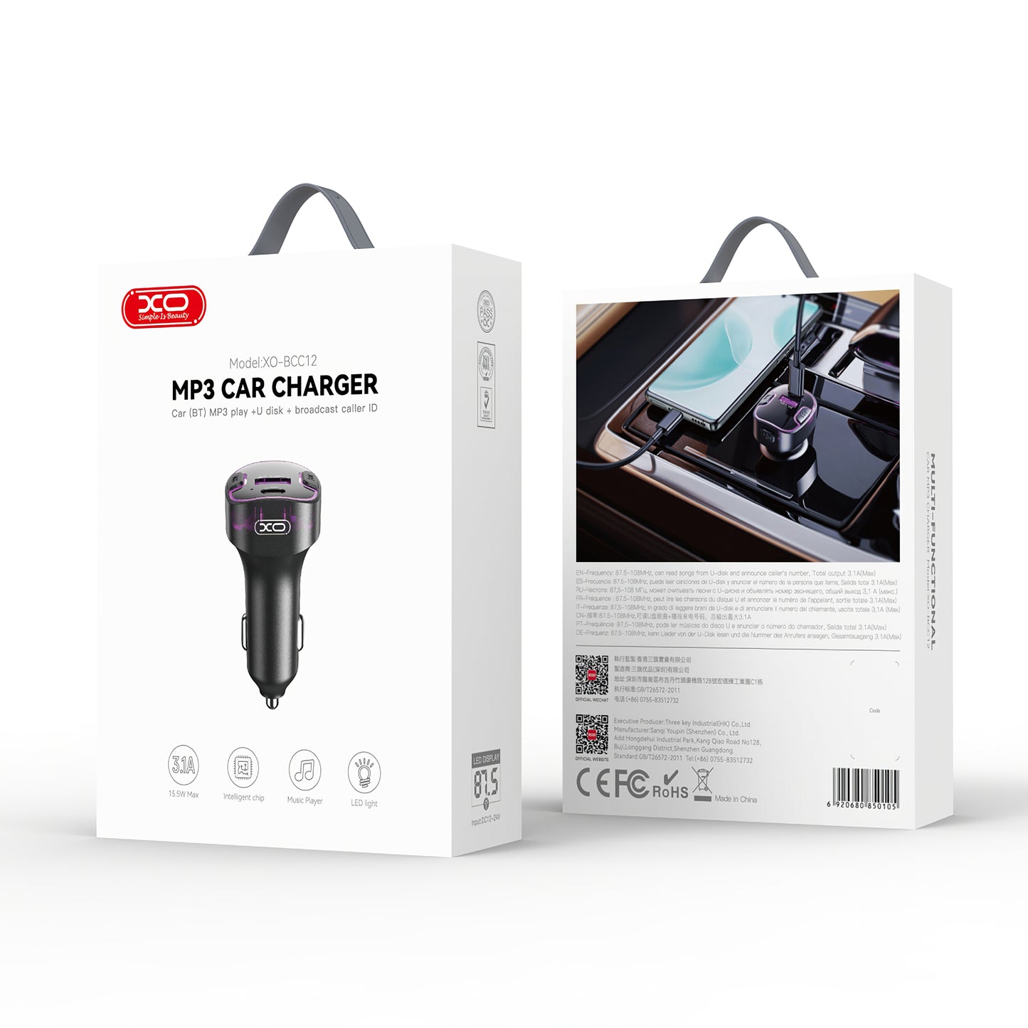 FM Bluetooth -modulaattori XO Design BCC12, 1 x USB-A - 1 x USB-C