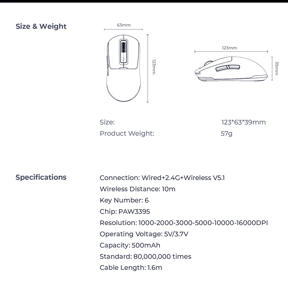 Langaton pelihiiri HAVIT MS969WB, RGB, 1000DPI - 16000DPI, BT / Wi-Fi / Langallinen, Musta