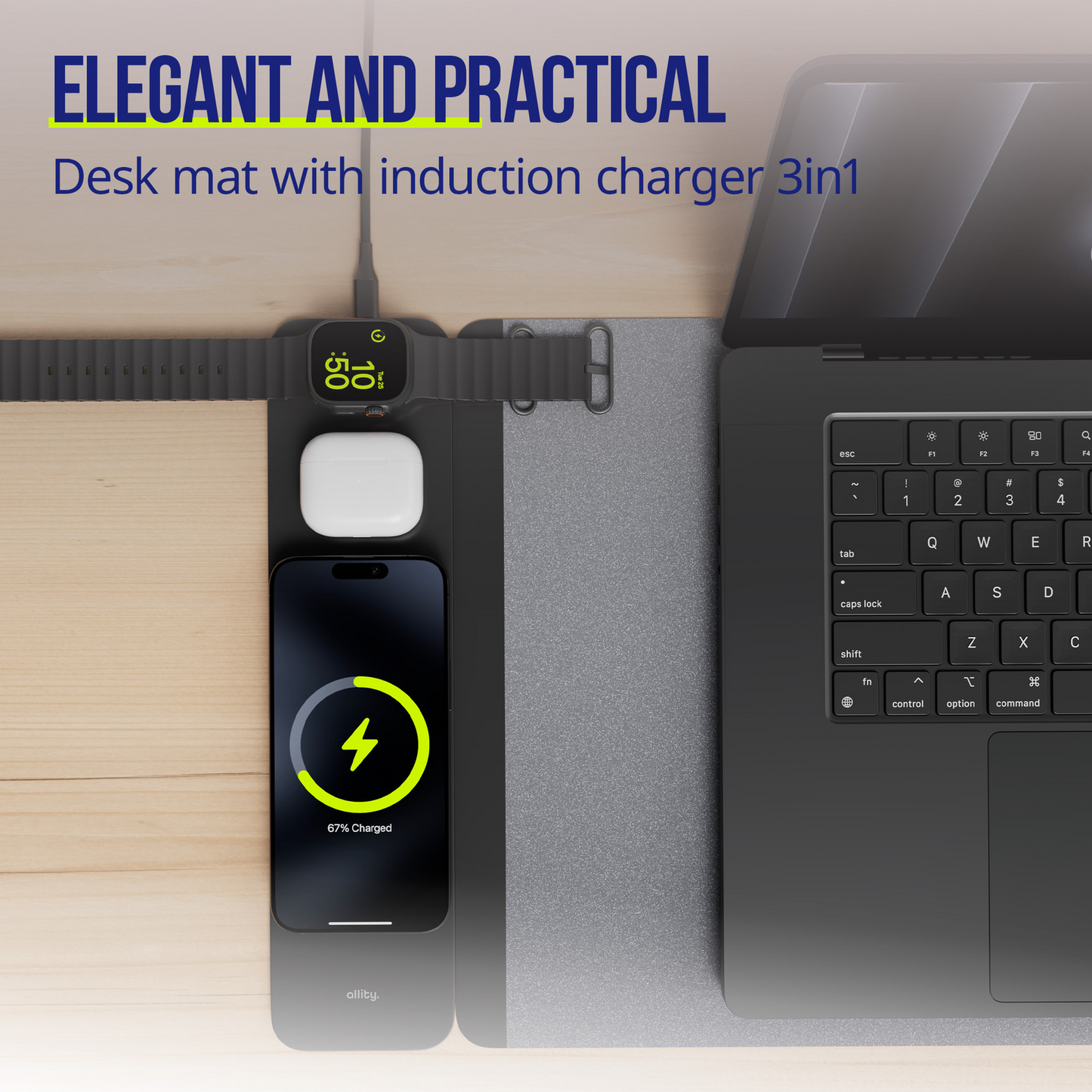 Allity MousePad. ALP-100 4in1 with Wireless Charging for Phone / Watch / Earphones, Black