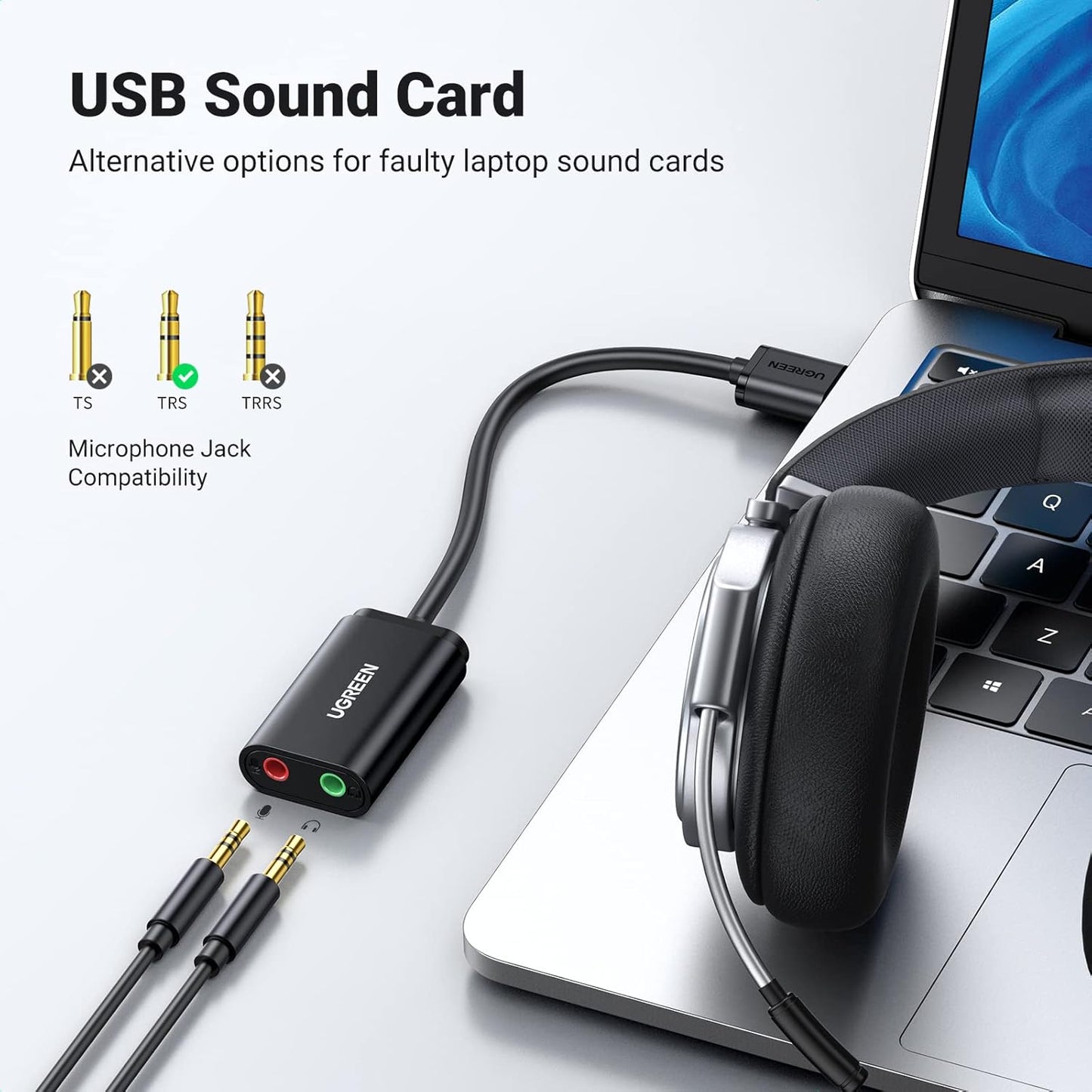 USB-äänikortti UGREEN US205, 2 x 3,5 mm liitin, musta 