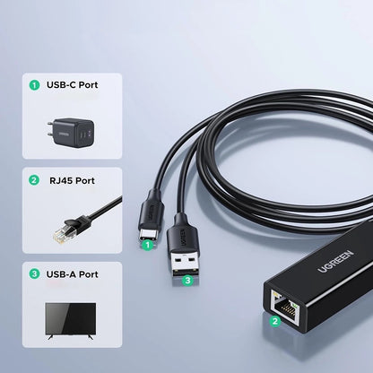 UGREEN CR110 (75535) -verkkokortti, RJ45, USB / USB-C, Musta