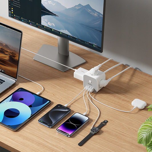 Baseus PowerCombo 7in1 -jatkojohto, 20W, 3A, 3 x USB-A - 1 x USB-C - 3 x Schuko, Valkoinen E00066401213-00
