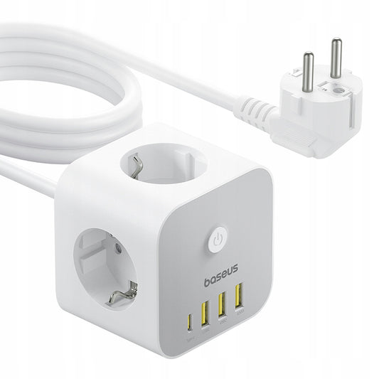 Baseus PowerCombo 7in1 -jatkojohto, 20W, 3A, 3 x USB-A - 1 x USB-C - 3 x Schuko, Valkoinen E00066401213-00
