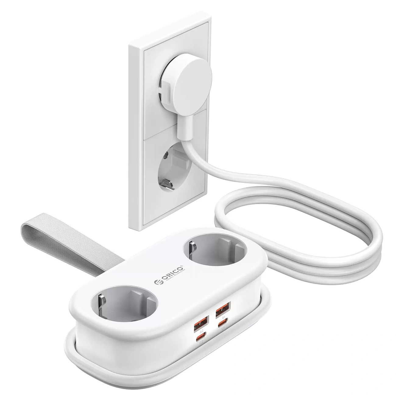Orico AP3 jatkojohto, 2 x Schuko - 2 x USB-A - 2 x USB-C, Valkoinen