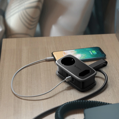 Orico APP jatkojohto, 1 x Schuko - 1 x pistorasia - 2 x USB-A - 1 x USB-C, Musta Harmaa