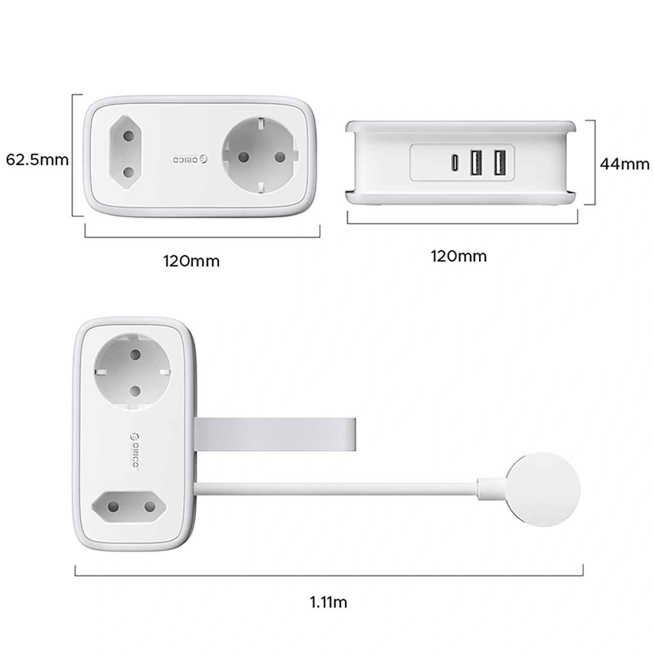 Orico APP jatkojohto, 1 x Schuko - 1 x pistorasia - 2 x USB-A - 1 x USB-C, Valkoinen Harmaa