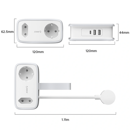 Orico APP jatkojohto, 1 x Schuko - 1 x pistorasia - 2 x USB-A - 1 x USB-C, Valkoinen Harmaa