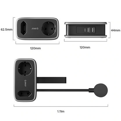 Orico APP jatkojohto, 1 x Schuko - 1 x pistorasia - 2 x USB-A - 1 x USB-C, Musta Harmaa