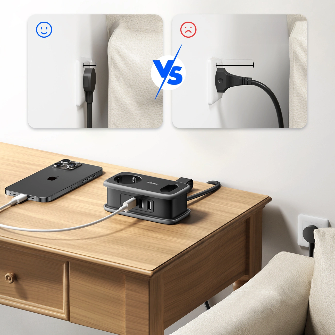 Orico APP jatkojohto, 1 x Schuko - 1 x pistorasia - 2 x USB-A - 1 x USB-C, Musta Harmaa