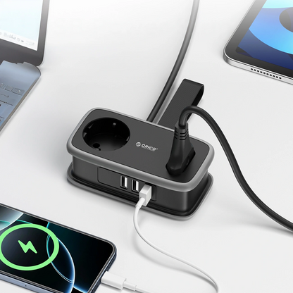 Orico APP jatkojohto, 1 x Schuko - 1 x pistorasia - 2 x USB-A - 1 x USB-C, Musta Harmaa