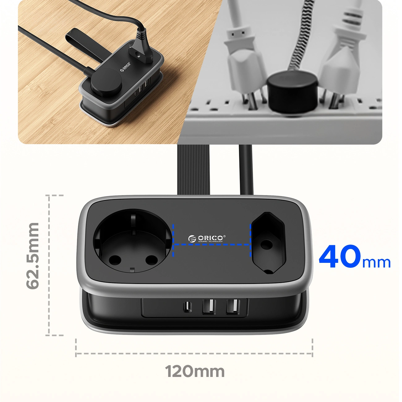 Orico APP jatkojohto, 1 x Schuko - 1 x pistorasia - 2 x USB-A - 1 x USB-C, Musta Harmaa