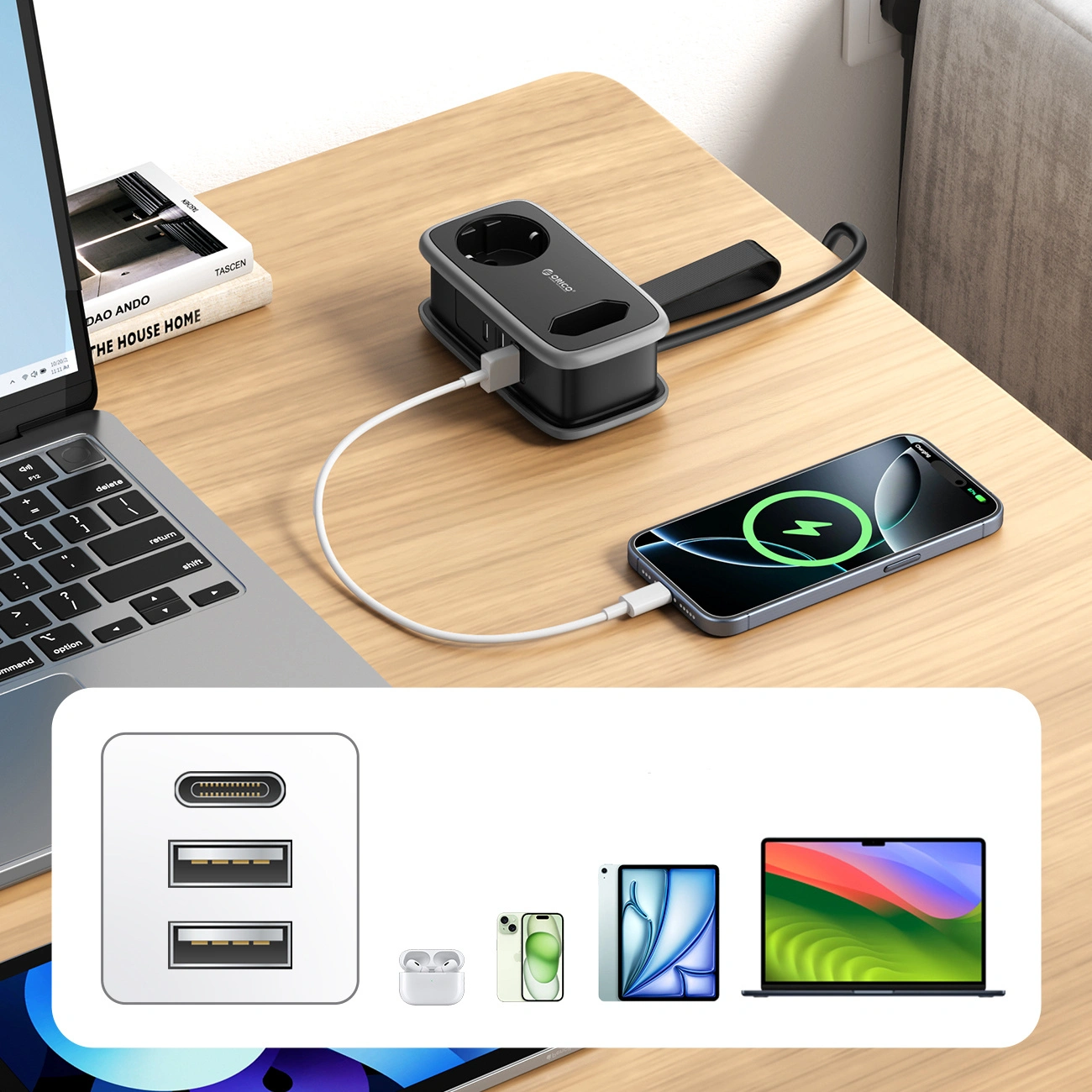 Orico APP jatkojohto, 1 x Schuko - 1 x pistorasia - 2 x USB-A - 1 x USB-C, Musta Harmaa