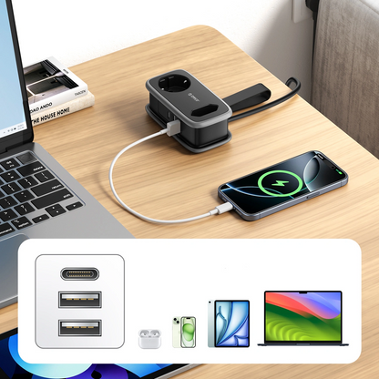 Orico APP jatkojohto, 1 x Schuko - 1 x pistorasia - 2 x USB-A - 1 x USB-C, Musta Harmaa