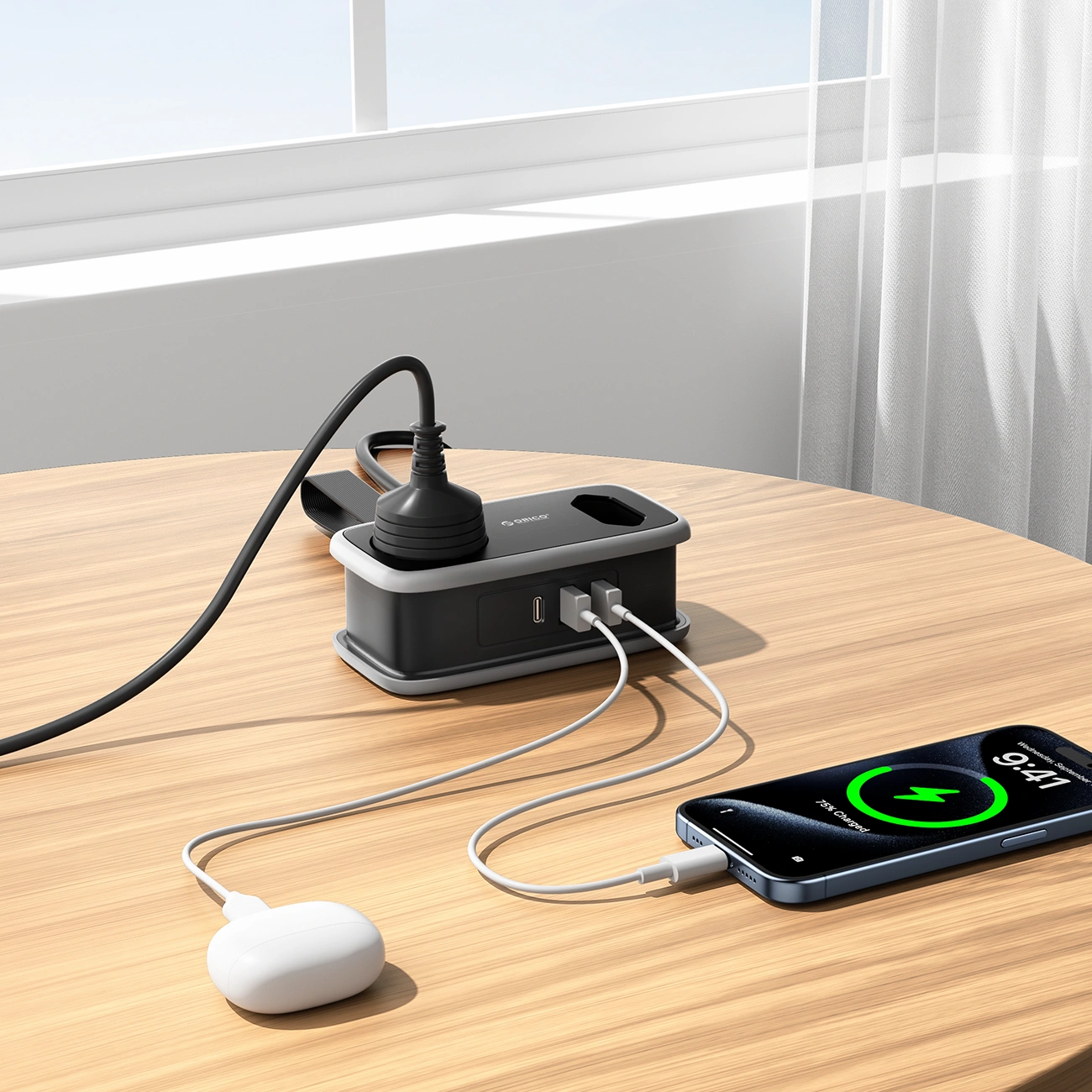 Orico APP jatkojohto, 1 x Schuko - 1 x pistorasia - 2 x USB-A - 1 x USB-C, Musta Harmaa