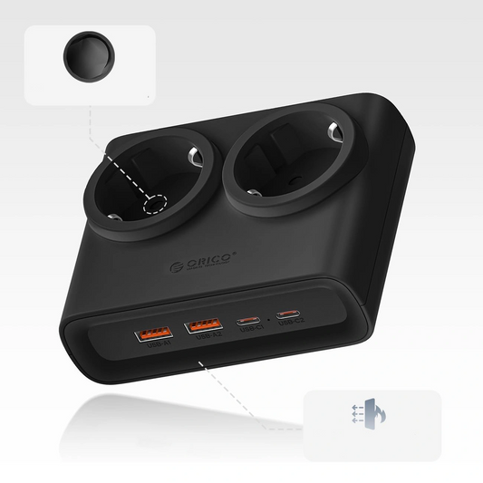 Orico PDC25 jatkojohto, 2 x Schuko - 2 x USB-A - 2 x USB-C, Musta