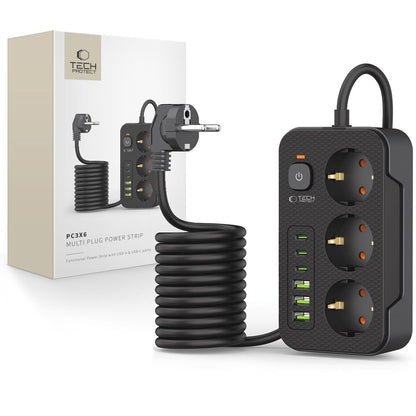 Jatkojohto Tech-Protect PC3X6, 3 x Schuko, Musta