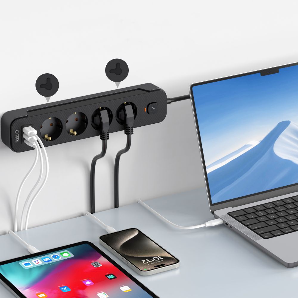 Jatkojohto Tech-Protect PCL4X3, 10.5W, 2.1A, 2 x USB-A - 1 x USB-C - 4 x Schuko, musta 