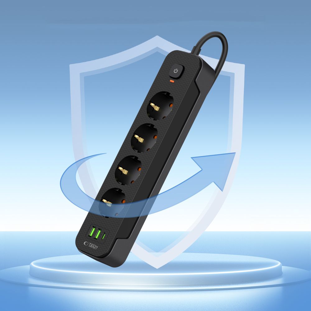 Jatkojohto Tech-Protect PCL4X3, 10.5W, 2.1A, 2 x USB-A - 1 x USB-C - 4 x Schuko, musta 
