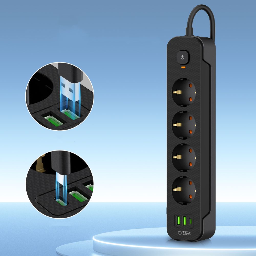 Jatkojohto Tech-Protect PCL4X3, 10.5W, 2.1A, 2 x USB-A - 1 x USB-C - 4 x Schuko, musta 