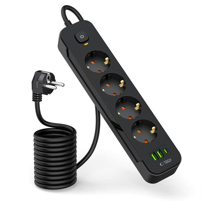 Jatkojohto Tech-Protect PCL4X3, 10.5W, 2.1A, 2 x USB-A - 1 x USB-C - 4 x Schuko, musta 
