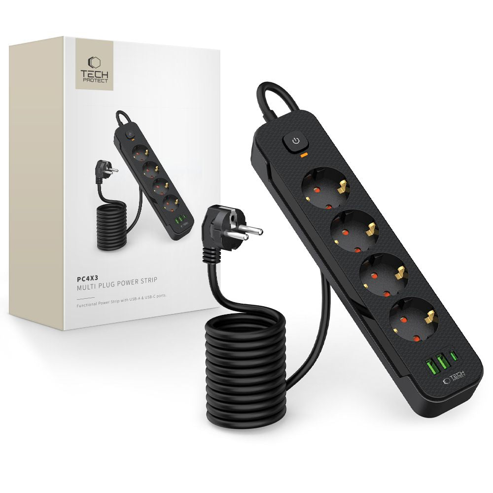 Jatkojohto Tech-Protect PCL4X3, 10.5W, 2.1A, 2 x USB-A - 1 x USB-C - 4 x Schuko, musta 