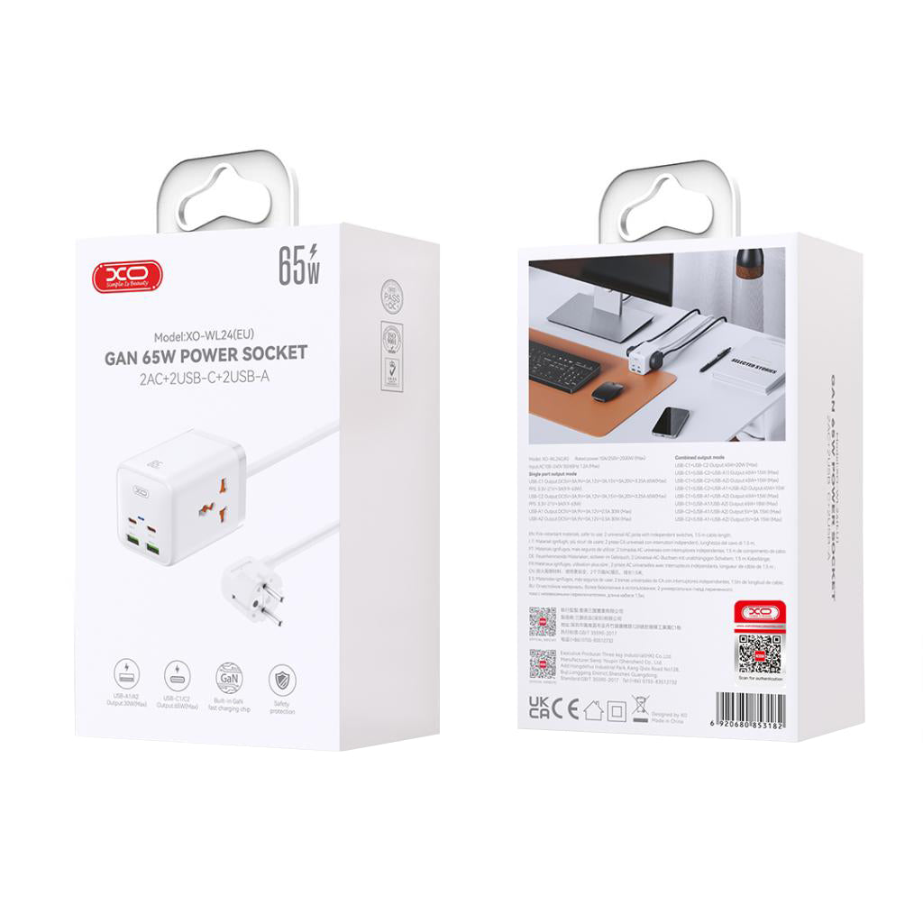 Jatkojohto XO Design WL24, 2 x Pistorasia, Valkoinen