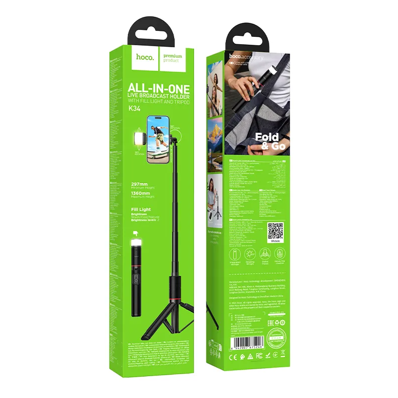 Bluetooth-selfietikku HOCO K34, 4,5 tuumaa - 7 tuumaa, Musta