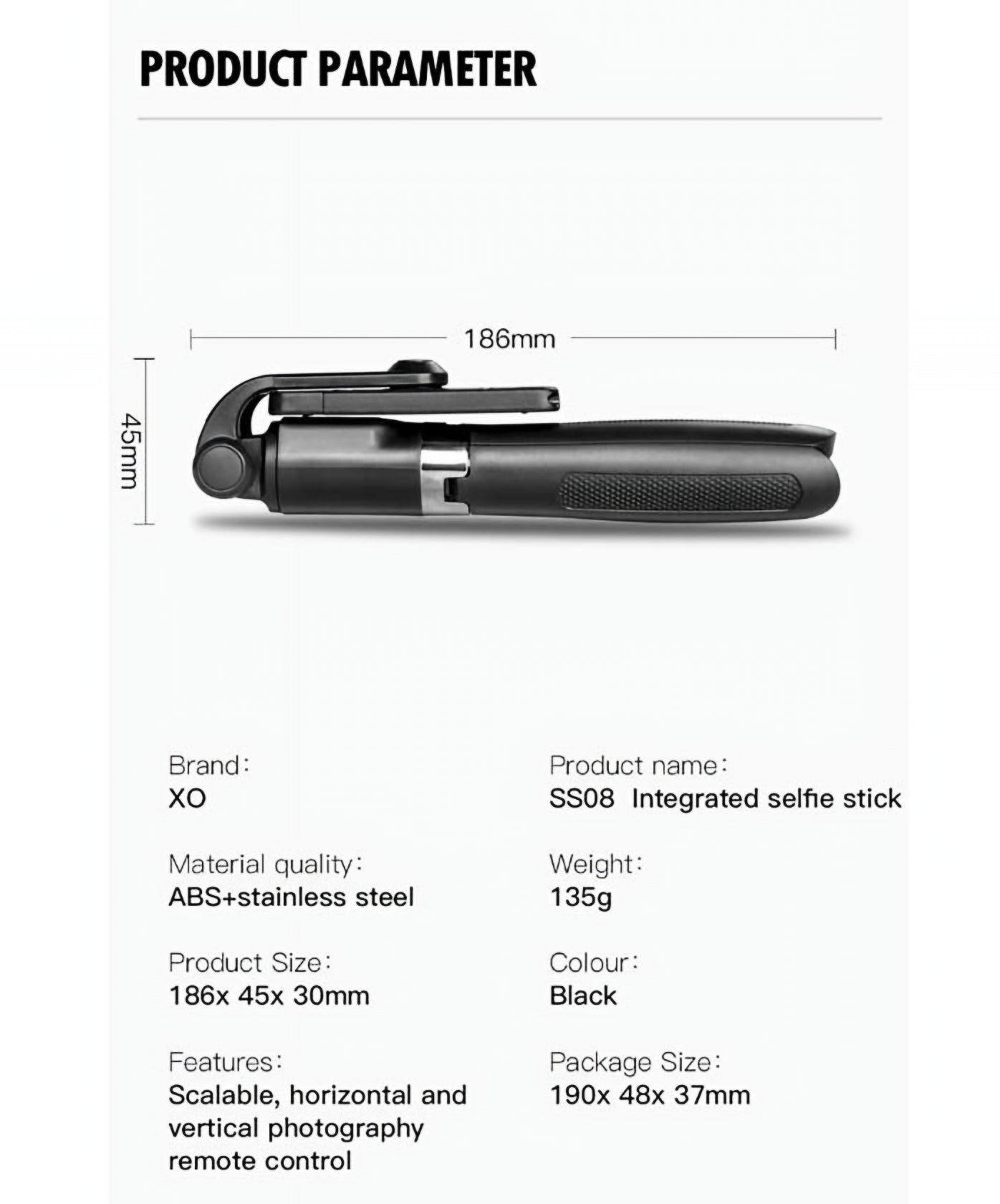 Selfie Stick Bluetooth XO Design SS08, Universal, Musta