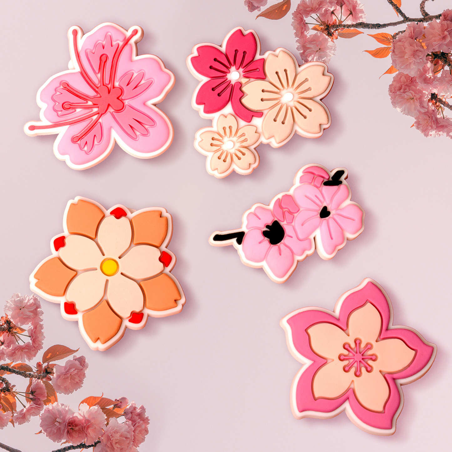 3D OEM Pink Blossom -tarra puhelimen/tabletin suojakuorelle, 5 kappaleen setti, monivärinen