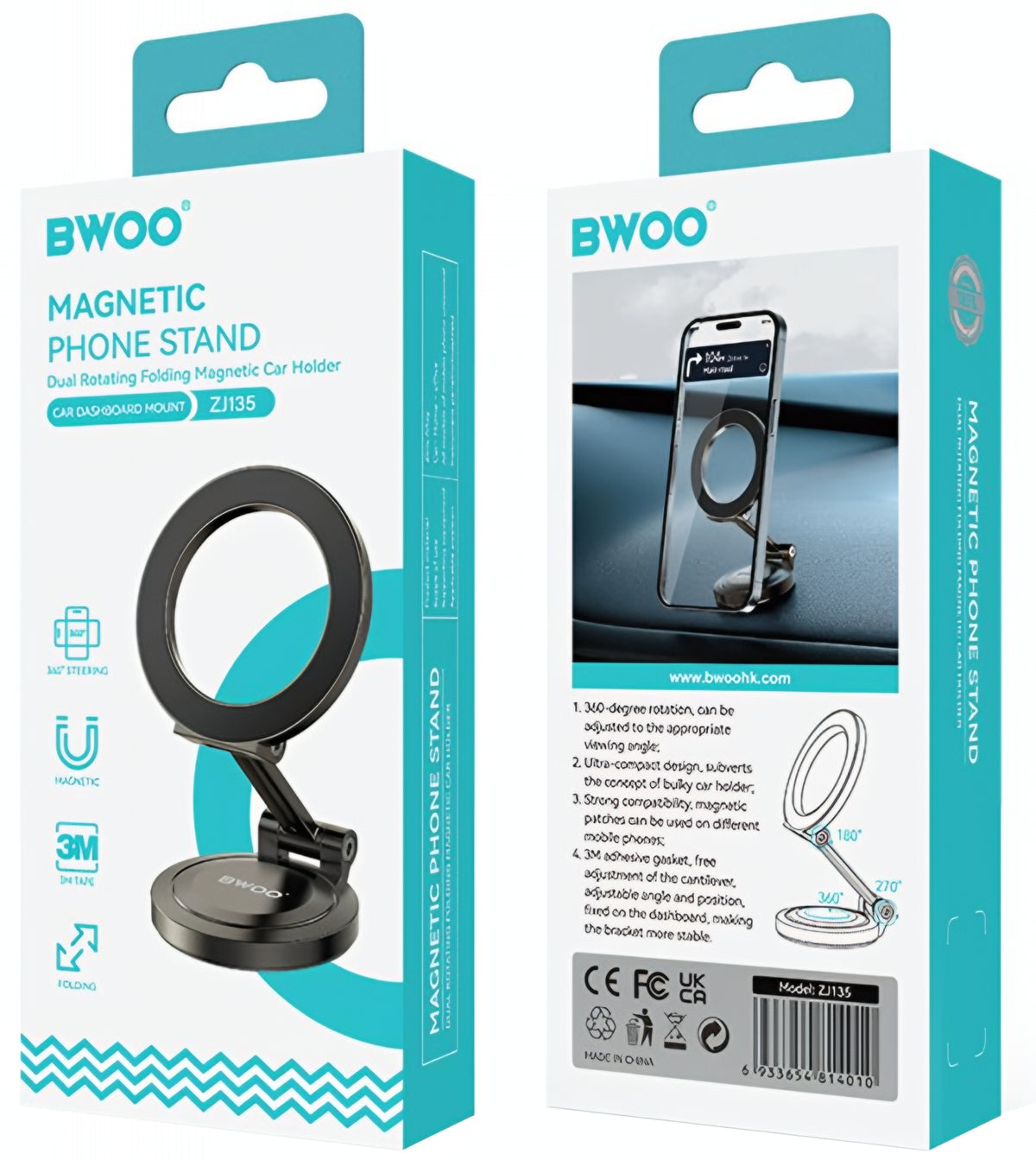 BWOO ZJ135 Magneettinen Autoteline, Yleismallinen, Musta
