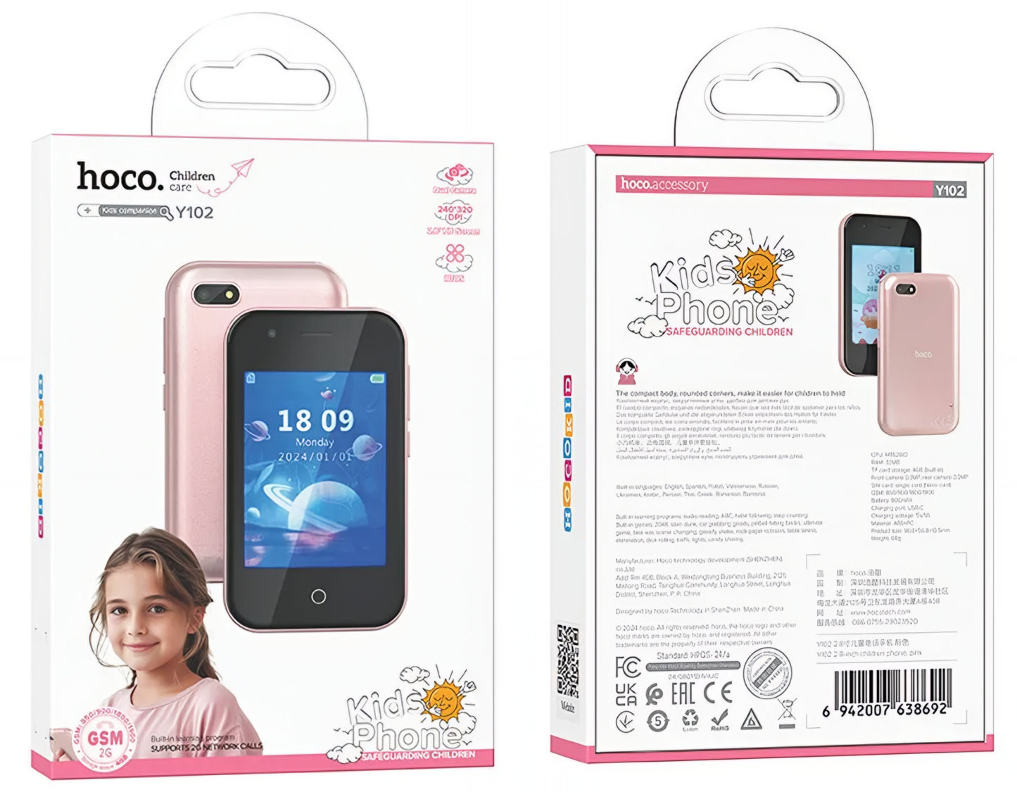 HOCO Y102 Kids -mobiilipuhelin, 2G, 2.8 tuuman näyttö, Pinkki
