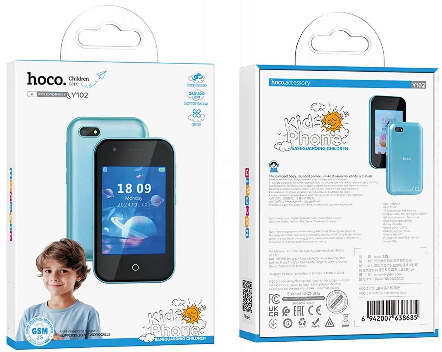 HOCO Y102 Kids -mobiilipuhelin, 2G, 2.8 tuuman näyttö, Sininen
