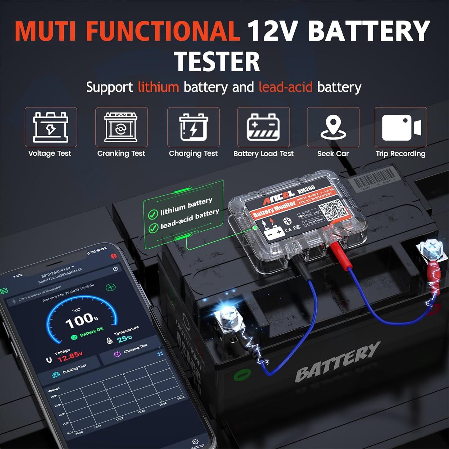 Bluetooth-testeri auton akun valvontaan Ancel BM200