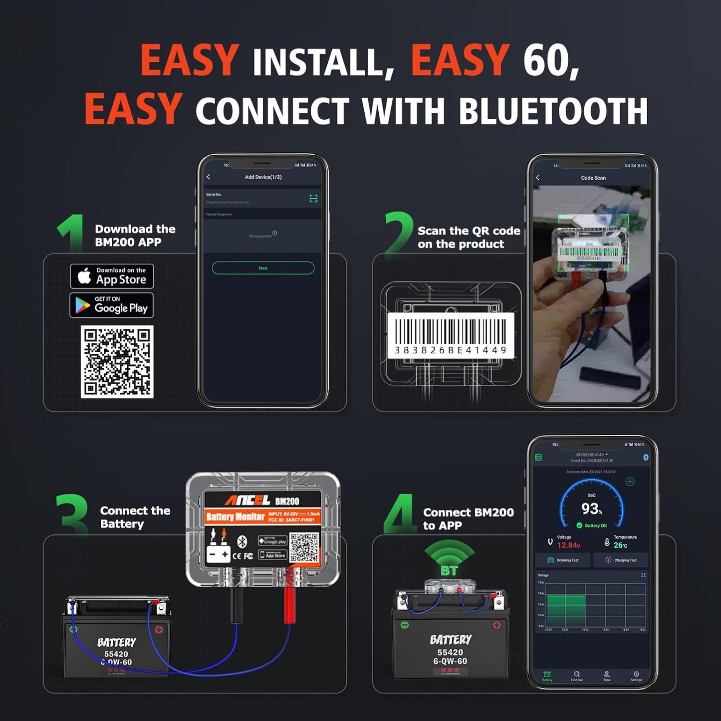 Bluetooth-testeri auton akun valvontaan Ancel BM200